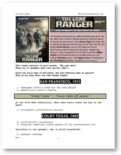 Front page of ESL Whole-Movie ESL lesson for the film, The Lone Ranger